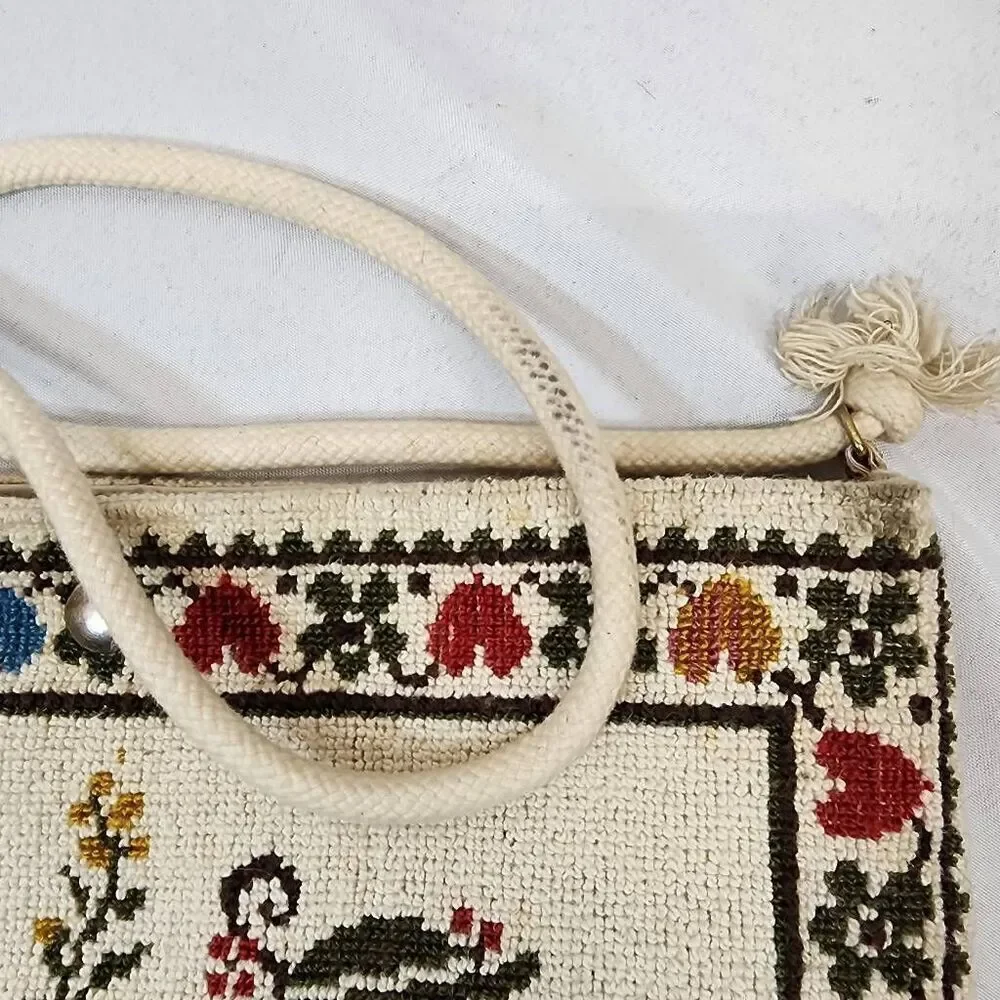 Vintage Tapestry Shoulder Bag – Folk Art Embroidered Purse with Fringe & Rope St